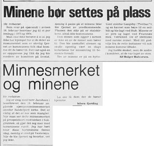 Leserinnlegg om minene utenfor Sandefjord Kirke